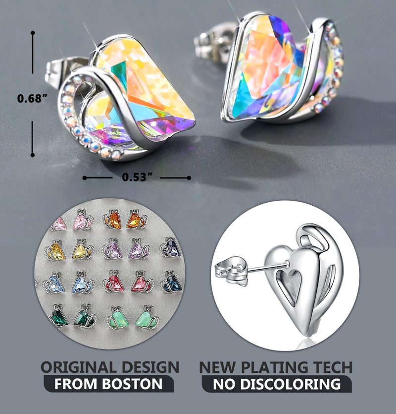 Leafael Infinity Love Heart Stud Earrings for Women, Valentine's Day Gifts for Mom, Wife, and Her, April Birthstone Crystal, Rainbow Opal White, Silver Tone Fashion Statement Jewelry - Image 3